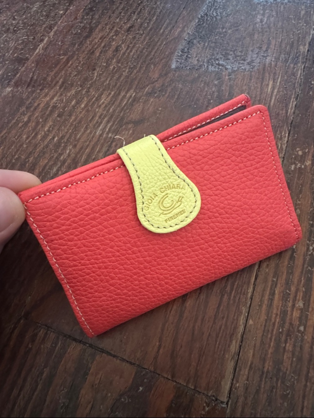 Compact Coral Genuine Leather Card Wallet with Lime Accent